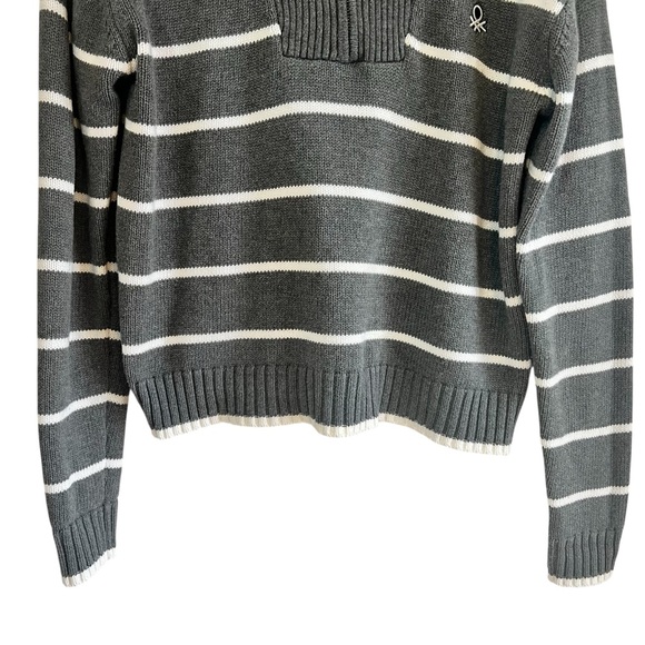 Benetton 3/4 zip cotton knit grey & white striped sweater S excellent condition - Picture 4 of 11